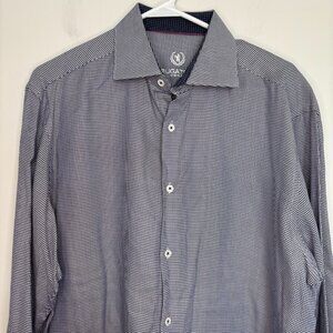 BUGATCHI Uomo Button Up Dress Shirt Mens 16.5 34/35 Navy Houndstooth Long Sleeve